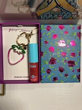 BETSEY JOHNSON 🍓 Strawberry Shaped Bag Charm Keychain & Bliss Lip Oil